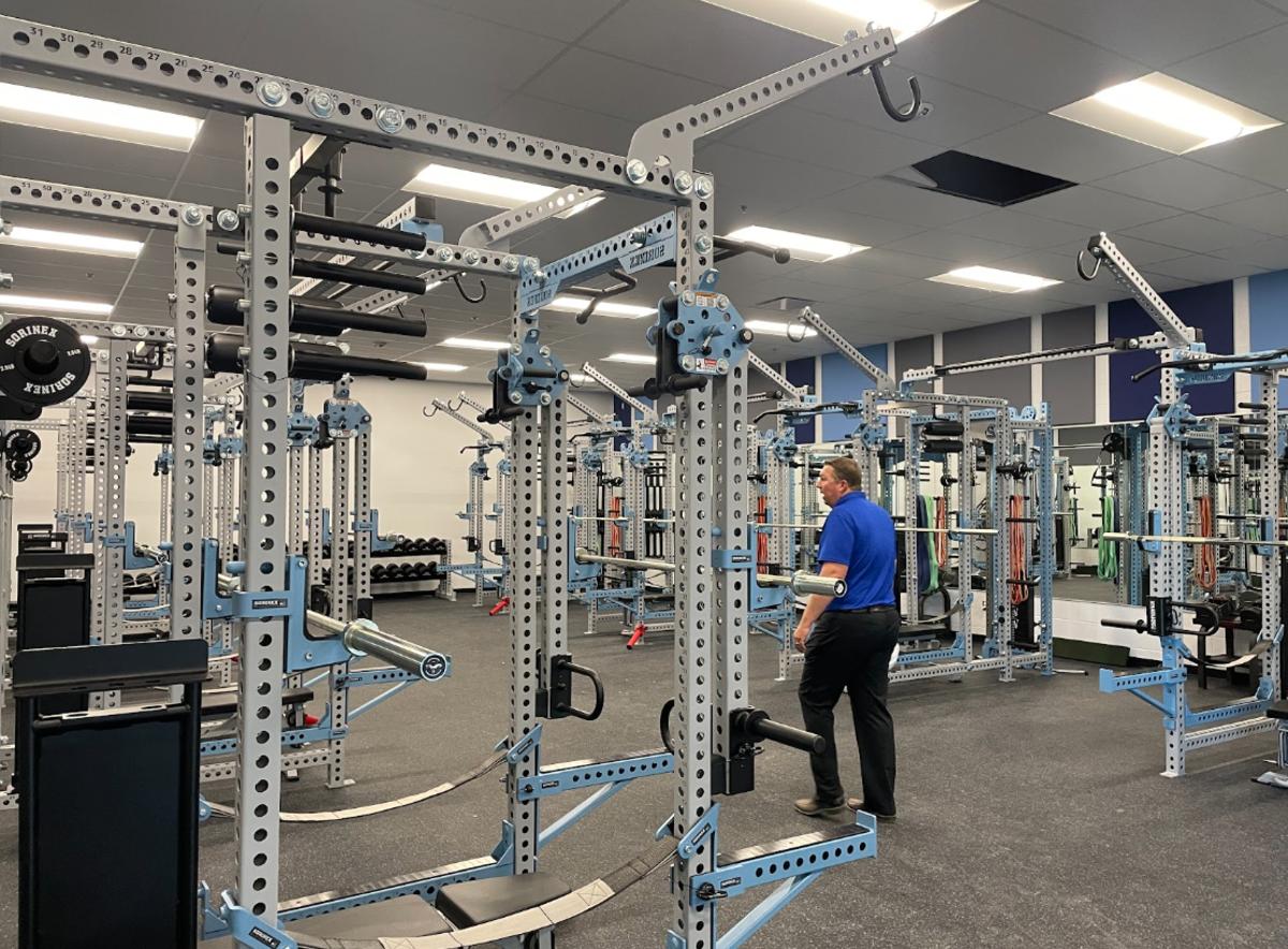 The weight room, currently being housed in the wrestling room as construction nears completion on Phase One.